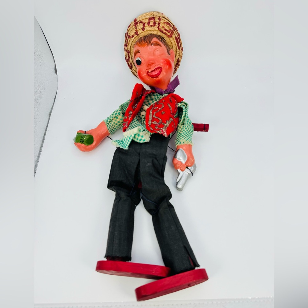 Mexican Vintage Marionette Puppet Hand Painted Face Missing Eye